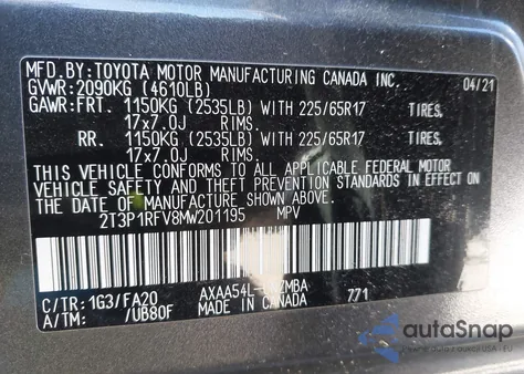 2021 Toyota Rav4 Xle from USA, damaged, VIN 2T3P1RFV8MW201195